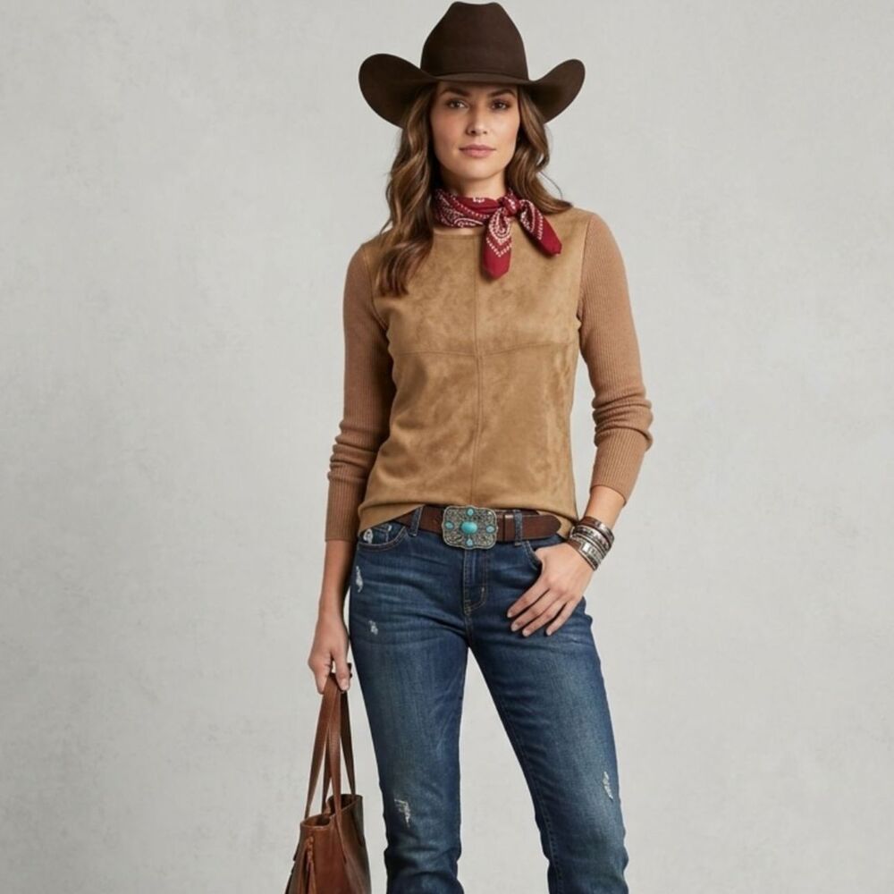 Siani Milano Chestnut Brown Ribbed Knit & Faux Suede Sweater Women's XS